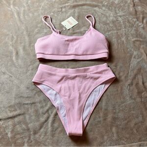 JJAI Baby Pink Ribbed Brazilian Bikini | Scoop Neck High Waisted - Size L
